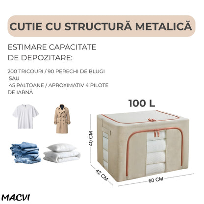 Organizator depozitare Macvi® 100 litri, cutie textila pliabila cu capac si fermoar, panou transparent pentru vizualizare si cadru metalic robust, ideala pentru haine voluminoase si depozitare