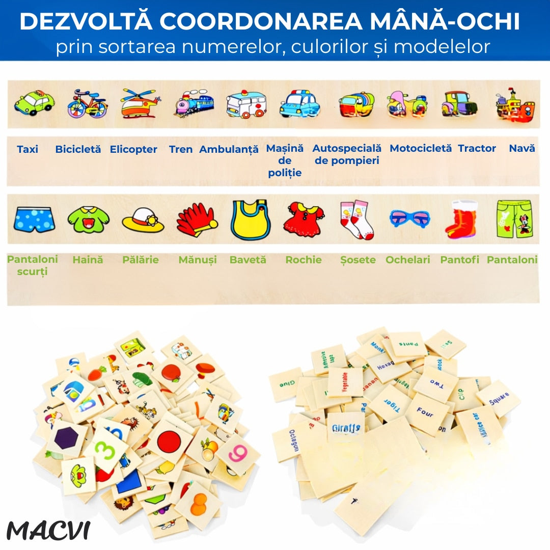 Jucarie educativa din lemn Macvi®, set cu cutie si cartonase, pentru dezvoltarea coordonarii mana-ochi si logicii matematice, 3+, 29, 5×11×8 cm