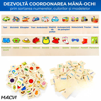 Jucarie educativa din lemn Macvi®, set cu cutie si cartonase, pentru dezvoltarea coordonarii mana-ochi si logicii matematice, 3+, 29, 5×11×8 cm