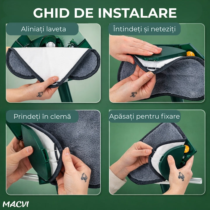 Mop cu Cap Inima Macvi® 360° Telescopic Curatare Usoara, 127 cm, Verde, Cap Rotativ si Lavete Microfibra