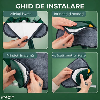 Mop cu Cap Inima Macvi® 360° Telescopic Curatare Usoara, 127 cm, Verde, Cap Rotativ si Lavete Microfibra