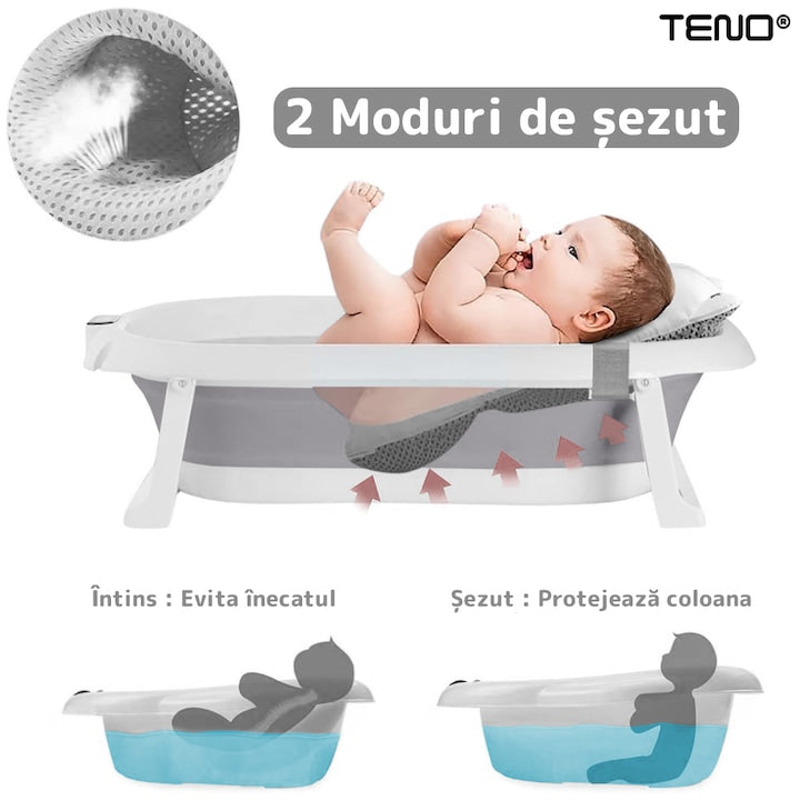 Cadita cu Pernuta pentru Bebelusi Teno®, termometru digital incorporat, pliabila, dop de scurgere, picioare anti-alunecare, design ergonomic, 75 x 45 x 22 cm, gri cu stelute