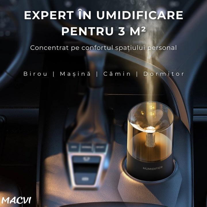 Umidificator Aromaterapie Macvi® cu Efect Flacara Tip Lumanare 250 ml Portabil USB cu Oprire Automata Pulverizare Arome LED Ambiental pentru Dormitor Bucatarie Masina