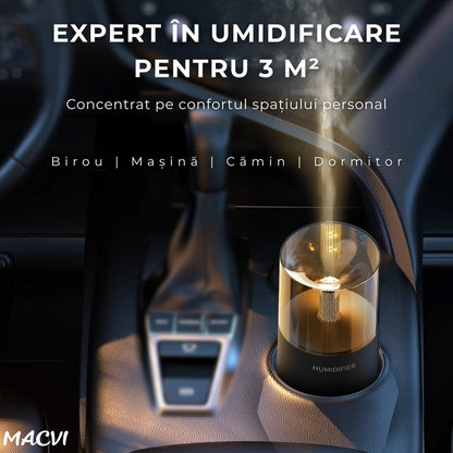 Umidificator Aromaterapie Macvi® cu Efect Flacara Tip Lumanare 250 ml Portabil USB cu Oprire Automata Pulverizare Arome LED Ambiental pentru Dormitor Bucatarie Masina