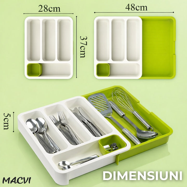 Suport modular extensibil Macvi® pentru tacamuri, 29-48 cm, ABS, alb-verde, organizator sertare