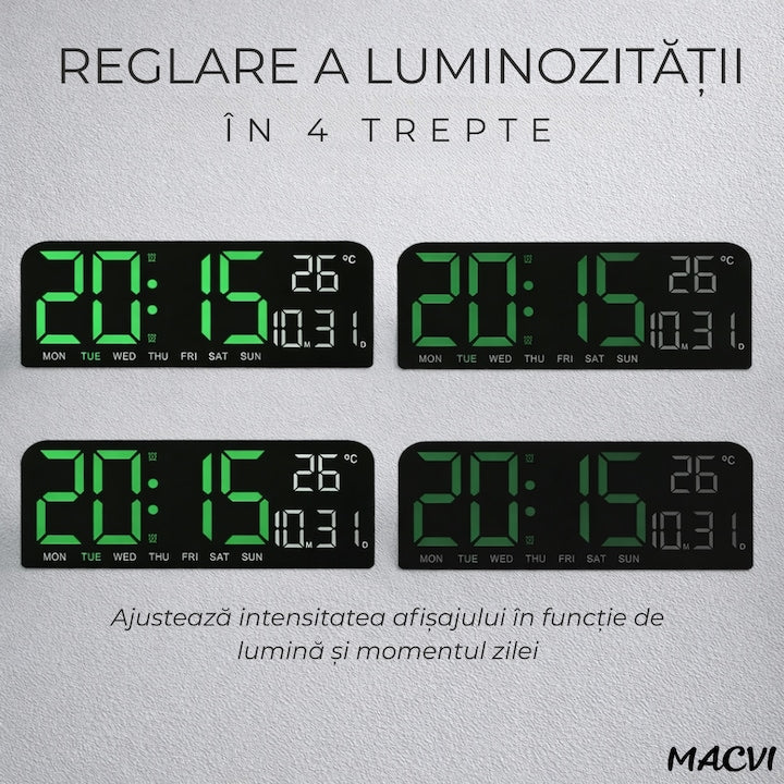 Ceas digital de masa si perete Macvi® 24 x 9 cm afisaj LED verde alarma snooze calendar cronometru termometru luminozitate reglabila