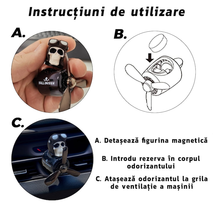 Difuzor Auto Aromaterapie Teno® car pilot skeleton, kit odorizant, 2 arome cu extracte naturale incluse