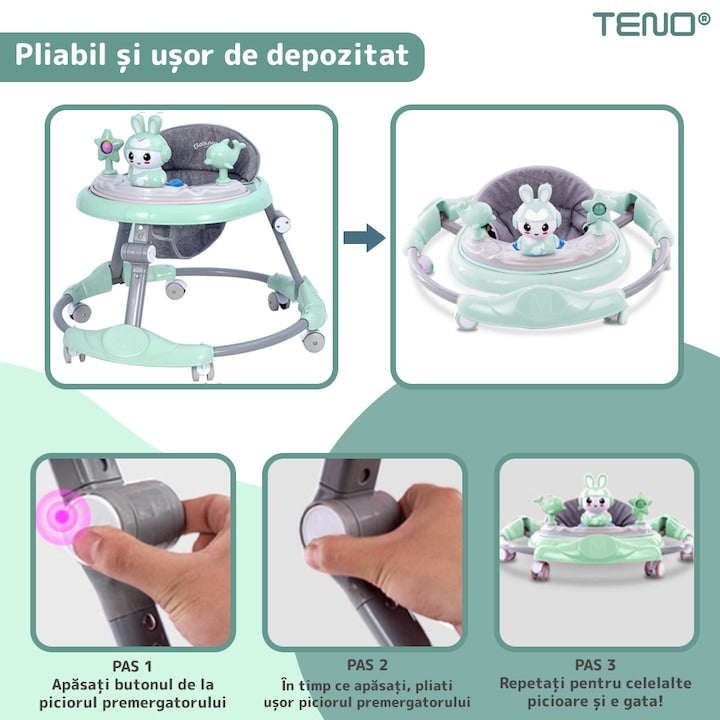 Premergator Multifunctional pentru Bebelusi Teno®, tava cu 3 jucarii, muzica, reglabil, pliabil, greutate max 20kg, 6-36 luni, verde