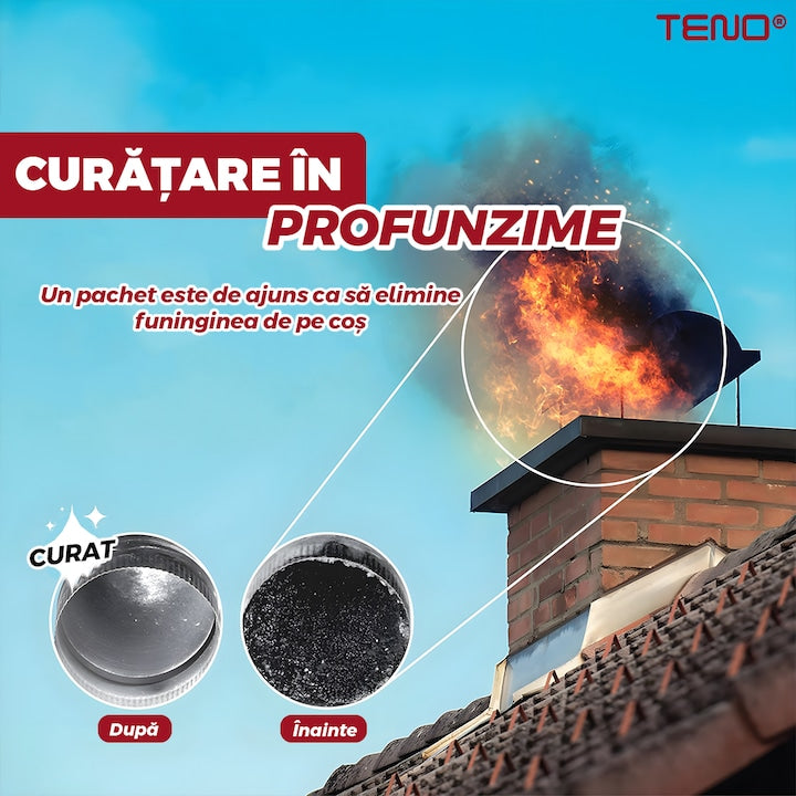 Set Solutie pentru Curatat Funingine Teno®, pentru sobe/seminee, usor de utilizat, 2 plicuri, elimina fumurile din locuinta, curata in profunzime, 2 x 90 g