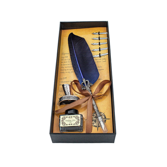 Set stilou vintage Macvi® cu pana de gasca albastra, 5 penite interschimbabile, calimara, suport elegant ornamente metalice pentru scris caligrafie si cadou