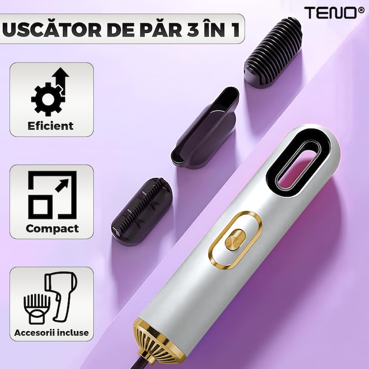 Uscator Profesional de Par 3 in 1 Teno®, aparat multifunctional coafare si uscare, 3 accesorii incluse, 1200W, alb