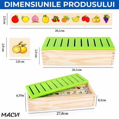 Jucarie educativa din lemn Macvi®, set cu cutie si cartonase, pentru dezvoltarea coordonarii mana-ochi si logicii matematice, 3+, 29, 5×11×8 cm