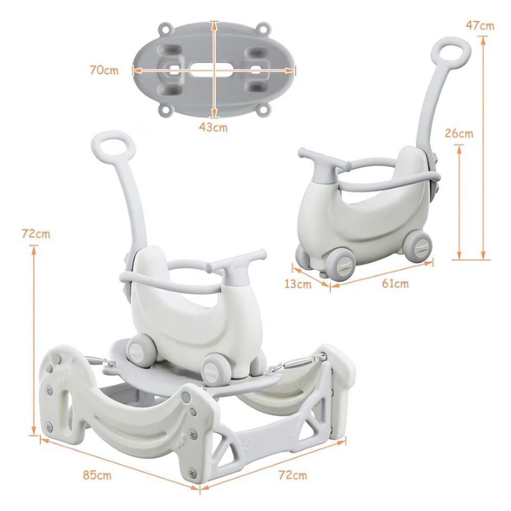 Jucarie multifunctionala Macvi® pentru copii 1-5 ani, balansoar, carucior, placa de echilibru si scuter, rezistent, bej