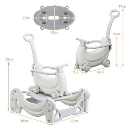 Jucarie multifunctionala Macvi® pentru copii 1-5 ani, balansoar, carucior, placa de echilibru si scuter, rezistent, bej