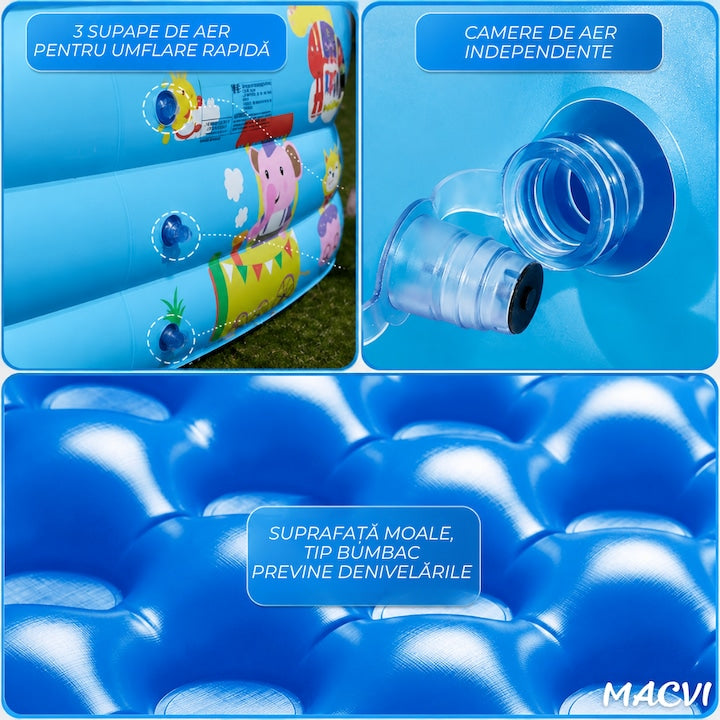 Piscina gonflabila Macvi® 150 x 102 x 50 cm, 3 inele, PVC rezistent, capacitate 84 L, pentru copii si adulti, model tropical, albastru