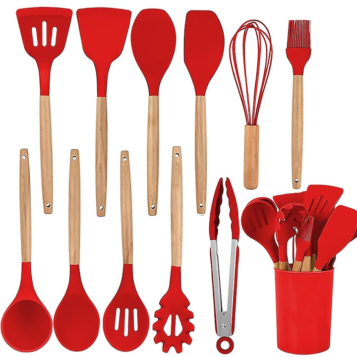 Set Ustensile Bucatarie 12 Piese Silicon Alimentar Teno®, termorezistente, antiaderente, sigure, suport inclus, rosu