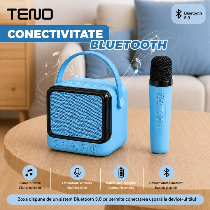 Boxa Portabila Teno®, Karaoke, 1 microfon wireless, RBG, Albastru deschis