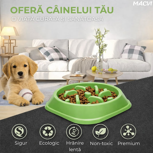 Bol Macvi® pentru caini, hranire lenta, plastic, antiderapant, 19 cm, verde