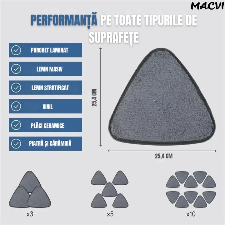 Laveta pentru mop triunghiular Macvi®, material absorbant de inalta eficienta, ideala pentru curatarea rapida si temeinica a suprafetelor.