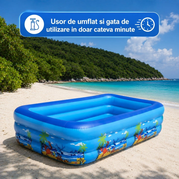 Piscina gonflabila familiala Macvi® 180 x 125 x 54 cm, 3 inele, PVC rezistent, capacitate 370 L, pentru 2 adulti si 3 copii, design tropical, albastru/alb