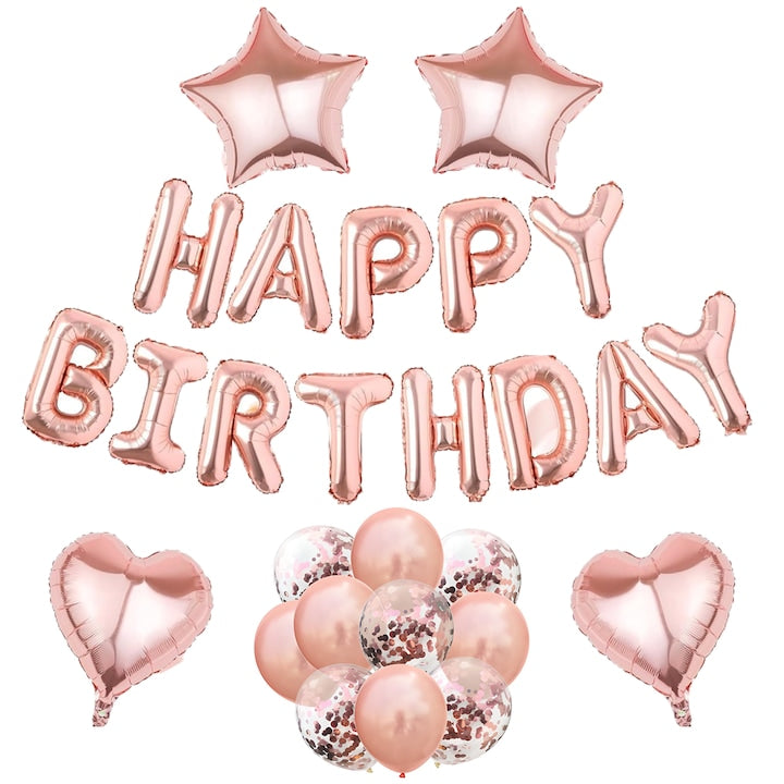 Set 27 Baloane Teno®, Litere, pentru Petreceri/Aniversari/Evenimente, confetti, stelute, inimioare, model HAPPY BIRTHDAY, rose gold