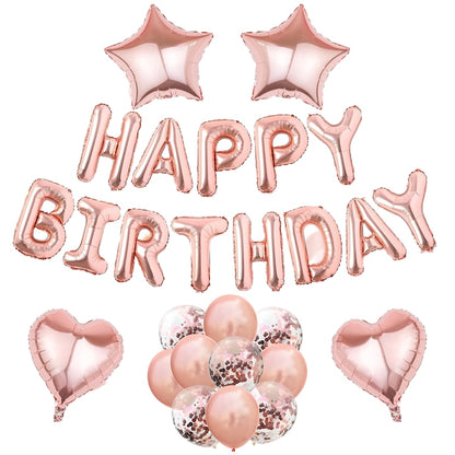 Set 27 Baloane Teno®, Litere, pentru Petreceri/Aniversari/Evenimente, confetti, stelute, inimioare, model HAPPY BIRTHDAY, rose gold