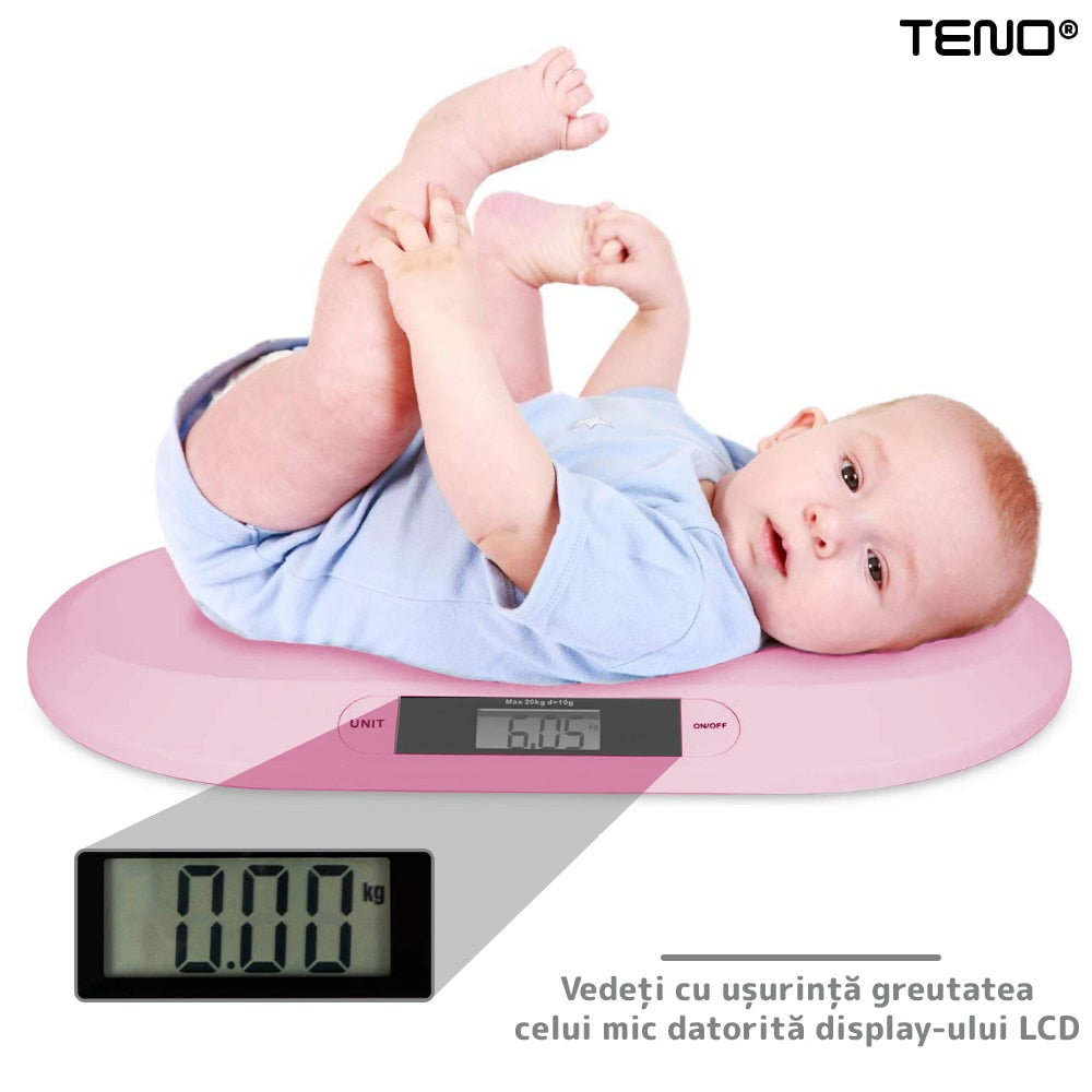 Cantar Electronic cu Display LCD Teno®, precizie la nivel de gram, greutate max 20KG, design ergonomic, ultra slim, roz