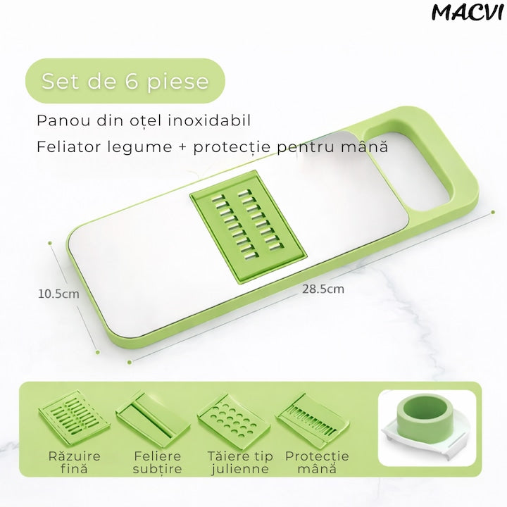 Razatoare Multifunctionala Macvi® cu Recipient si 6 Lame din Otel Inoxidabil, Tocator Rotund pentru Legume si Fructe, Design Demontabil, Verde