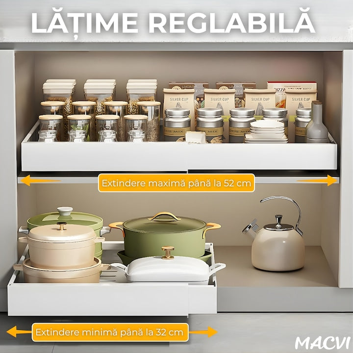Organizator extensibil Macvi® pentru dulapuri, metal, sertar glisant, montare adeziva, capacitate mare, alb