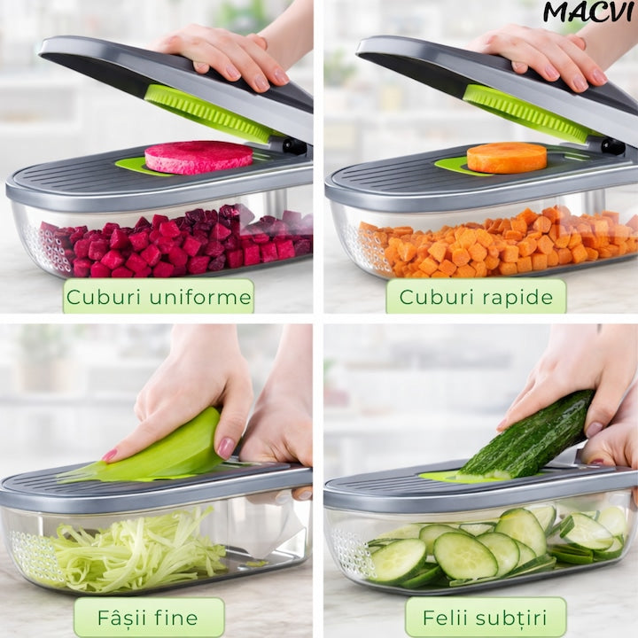 Tocator multifunctional legume MACVI 12 in 1, 8 lame interschimbabile din otel inoxidabil, recipient 1, 5 L, pentru feliere, taiere cuburi