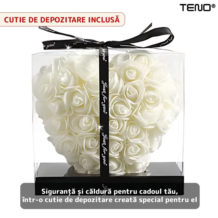 Inimioara din Trandafiri de Spuma Teno®, floral alb, handmade, cutie transparenta, eleganta si naturala, nemuritoare, 17 cm