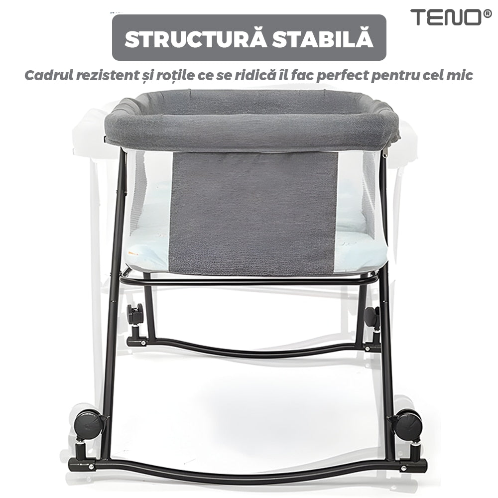 Patut Pliabil pentru Bebelusi Teno®, sistem de blocare, plasa anti-insecte, pliabil, roti retractabile, rezistent, comod, usor de depozitat, gri