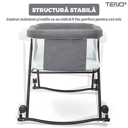 Patut Pliabil pentru Bebelusi Teno®, sistem de blocare, plasa anti-insecte, pliabil, roti retractabile, rezistent, comod, usor de depozitat, gri