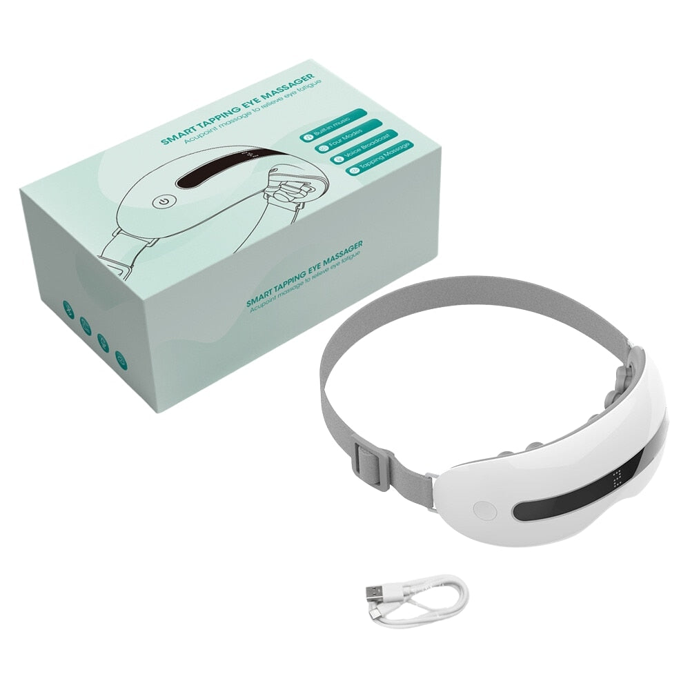 Aparat de masaj pentru ochi Macvi® cu 4 moduri de relaxare 16 puncte de masaj Bluetooth compresie termica presopunctura perne de aer vibratii alb