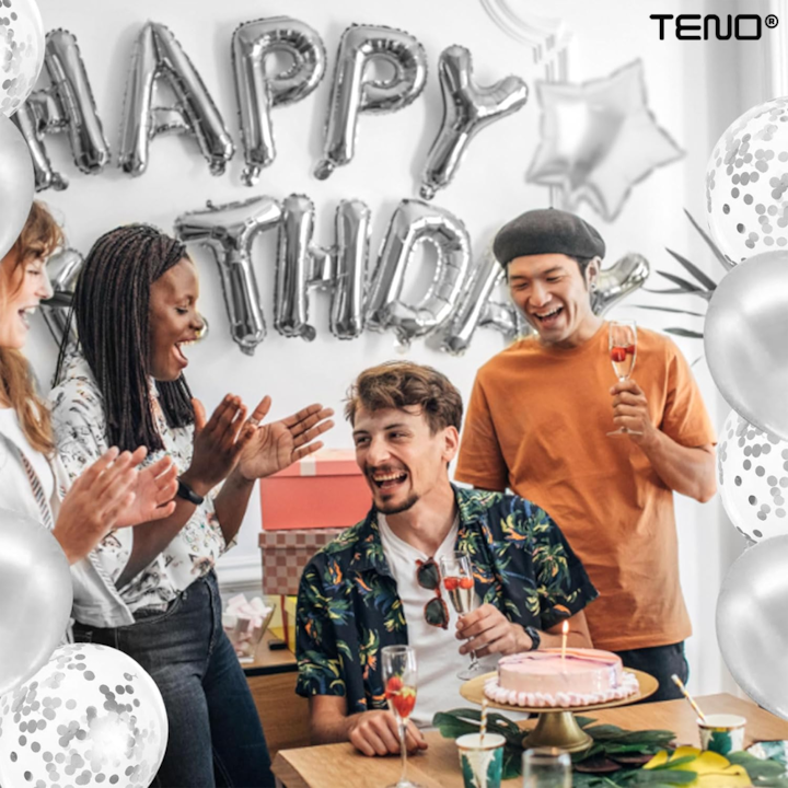 Set 25 Baloane Teno®, Litere, pentru Petreceri/Aniversari/Evenimente, confetti, stelute, model HAPPY BIRTHDAY, argintiu
