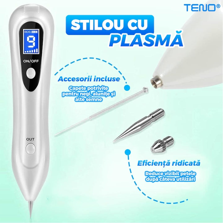 Stilou cu Plasma Teno®, pentru indepartarea alunitelor, petelor pigmentare, accesorii incluse, eficienta ridicata, autonomie mare, afisaj digital, alb