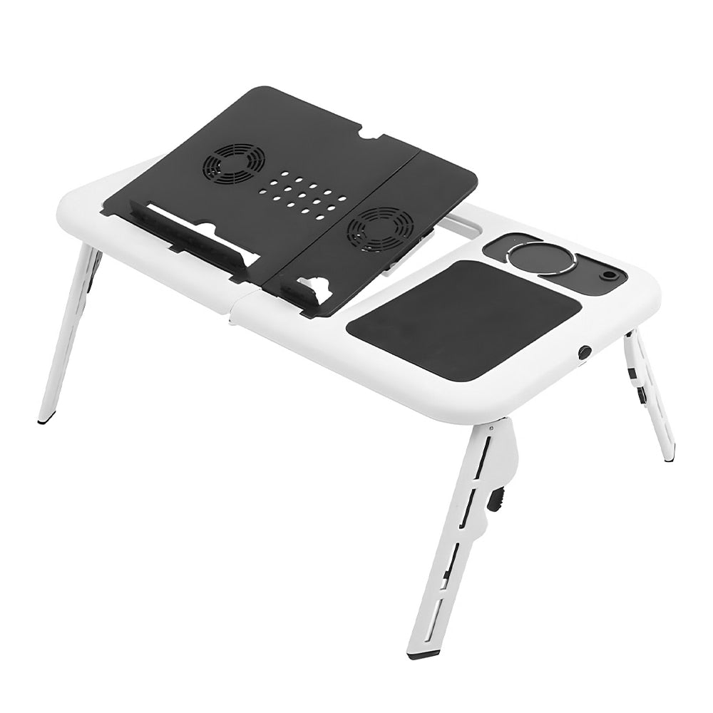 Masuta Universala Teno®, pliabila, pentru laptop/tableta/ mic dejun la pat, sistem cu fante de racire, suport pentru pahar, unghi reglabil, usor de depozitat, alb/negru
