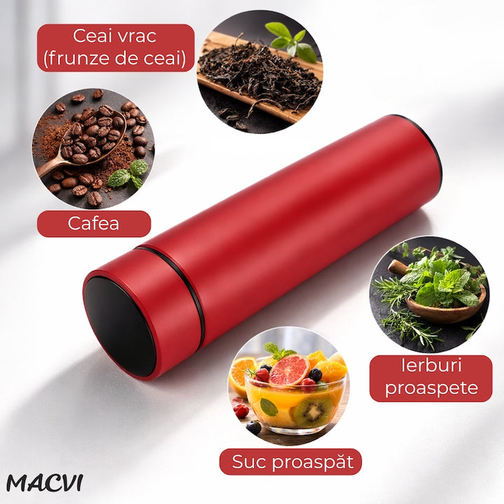 Termos Macvi® Smart 500 ml cu sita infuzor si perete dublu, afisaj LED temperatura rosu
