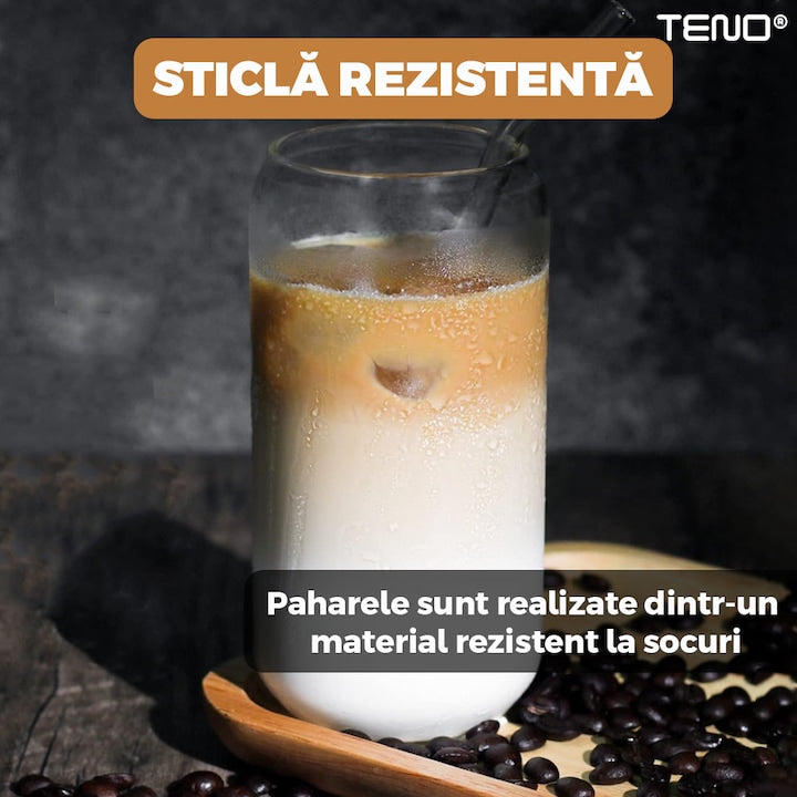 Set 4 Pahare de Sticla cu Capac si Pai Teno®, sticla borosilicata, capac din bambus, design modern, termorezistente, capacitate 500 ml, 15 cm