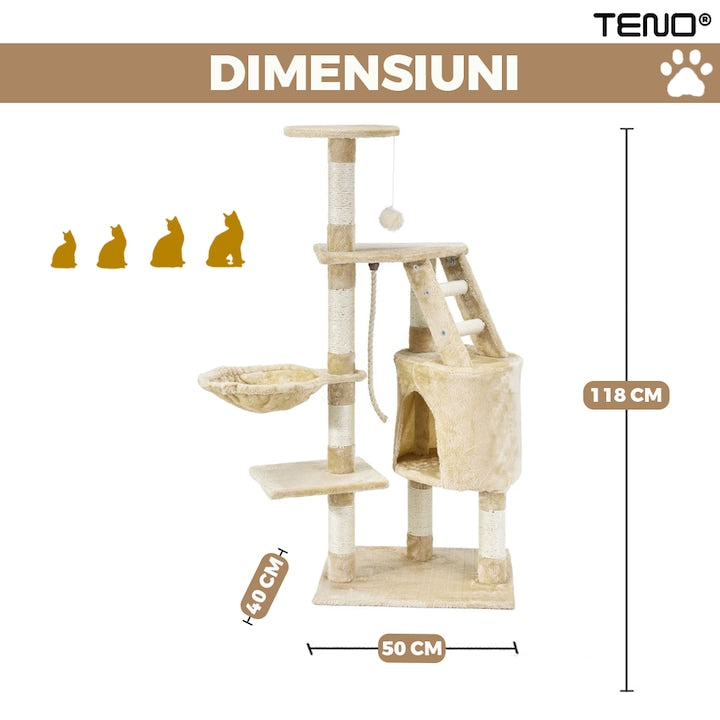 Ansamblu de Joaca pentru Pisici Teno®, tip turn, 1 platforma de observatie, 4 niveluri, 1 casuta, scara, franghie si mingiute de joaca, stalpi pentru zgariat, captuseala extra moale, structura stabila, 118 cm, bej