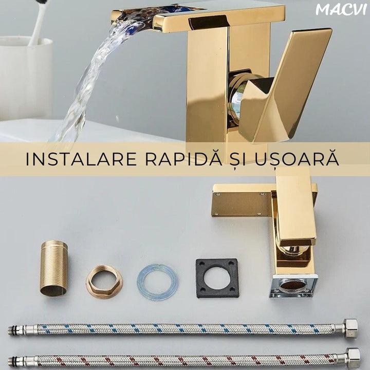 Robinet baie Macvi® LED tip cascada Auriu, premium jet RGB cu iluminare in functie de temperatura constructie din alama