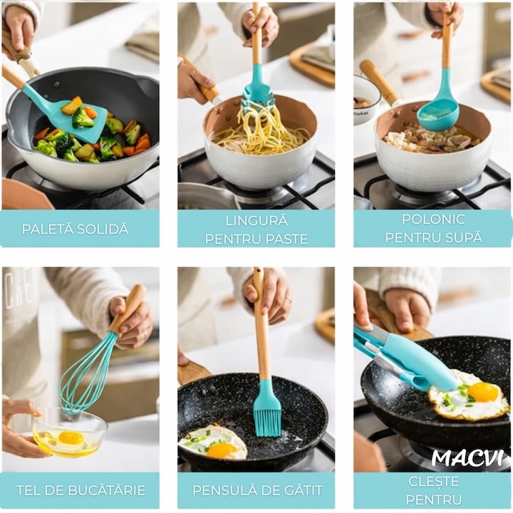 Set ustensile Macvi® bucatarie silicon premium 19 piese cu suport organizare cutite tocator linguri spatule fara BPA rezistente la temperaturi ridicate verde menta
