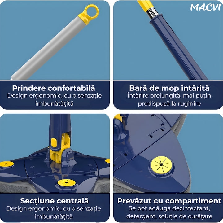 Mop cu Cap Stea Macvi® 360° Telescopic Curatare Usoara, 2 lavete Microfibra, Lungime 123 cm, Albastru/Galben