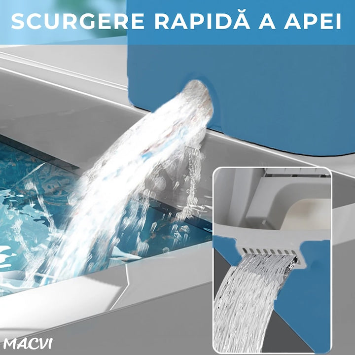 Set curatare Macvi® cu mop plat si galeata cu sistem de stoarcere, scurgere cu dop, coada telescopica si 2 lavete microfibra rezerva