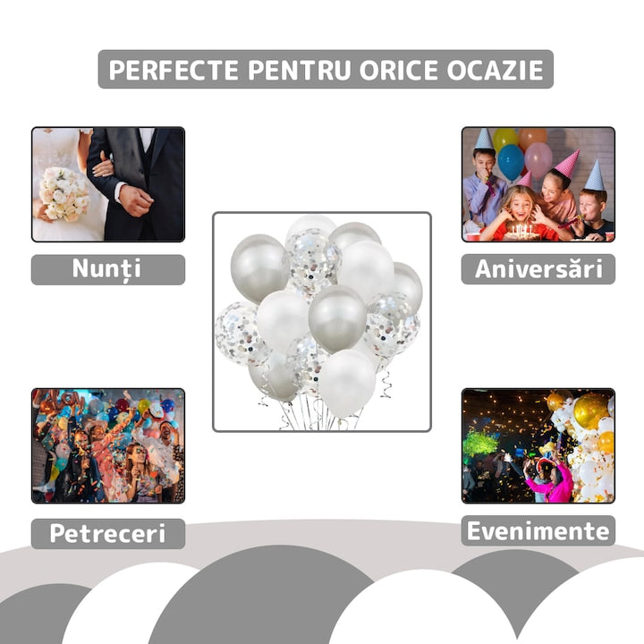 Set 15 Baloane Teno®, Confeti, pentru Petreceri/Aniversari/Evenimente, o singura dimensiune, 3 culori, latex, argintiu/alb/transparent