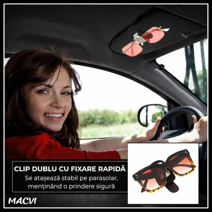 Suport ochelari auto Macvi®, prindere la parasolar, piele si aluminiu, 5x10 cm, negru