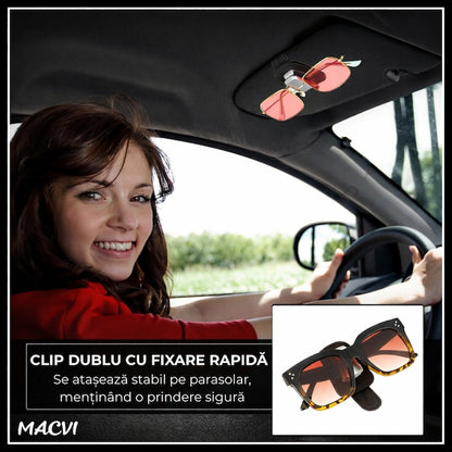 Suport ochelari auto Macvi®, prindere la parasolar, piele si aluminiu, 5x10 cm, negru