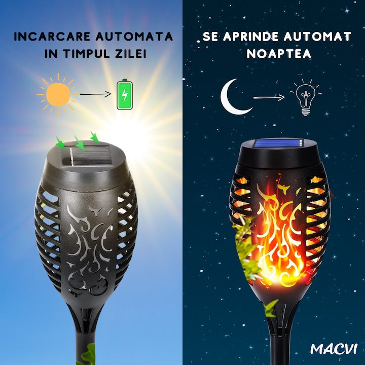 Lampa solara Macvi® 72 LED-uri cu efect flacara, baterie 1200mAh, senzor crepuscular, impermeabila, ideala pentru curte si gradina