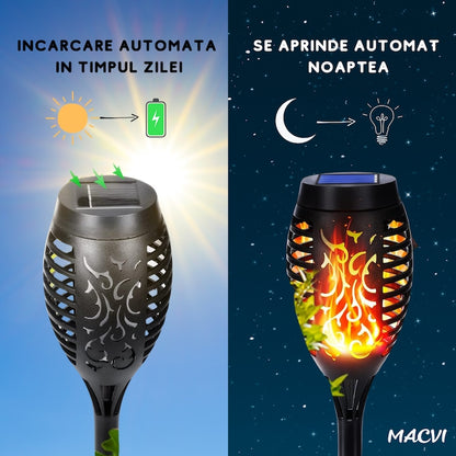 Lampa solara Macvi® 72 LED-uri cu efect flacara, baterie 1200mAh, senzor crepuscular, impermeabila, ideala pentru curte si gradina