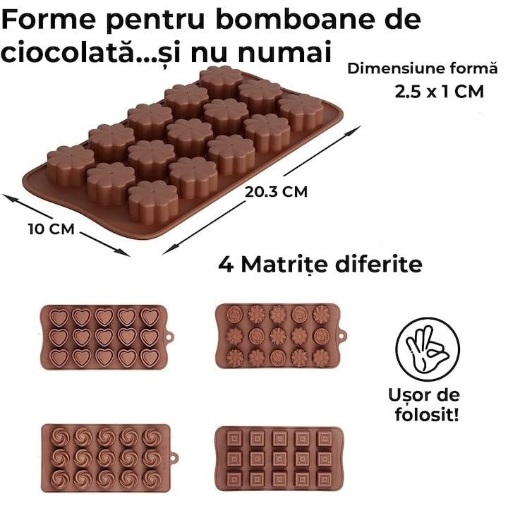 Set 4 Forme Ciocolata Silicon Macvi®, Antiaderente, Flexibile, BPA Free, Pentru Bomboane, Pralitine, Gheata, Maro